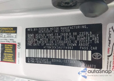 2010 Toyota Camry Xle V6 from USA, damaged, VIN 4T1BK3EK3AU114983